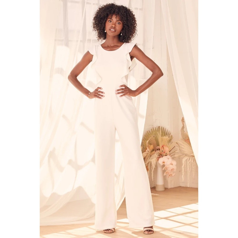 Size Medium, LULU'S Feel Your Love White Ruffled Wide-Leg Jumpsuit